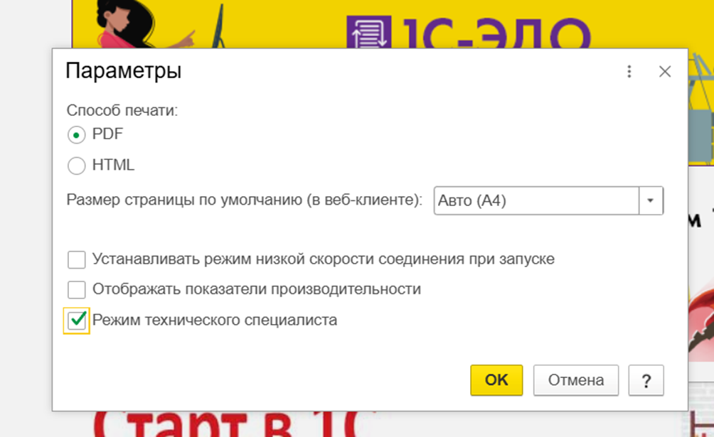 Дополнительные параметры интерфейса 1С
